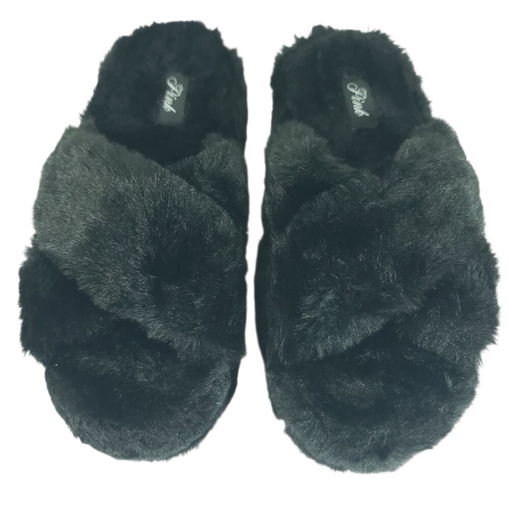 Pink Black Faux Fur Crossband Slide Slippers Women’s SZ 7-8 Open Toe Slip-On NEW